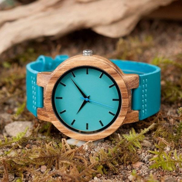 Unisex Blue Leather and Wood Watch for Lovers of Nature