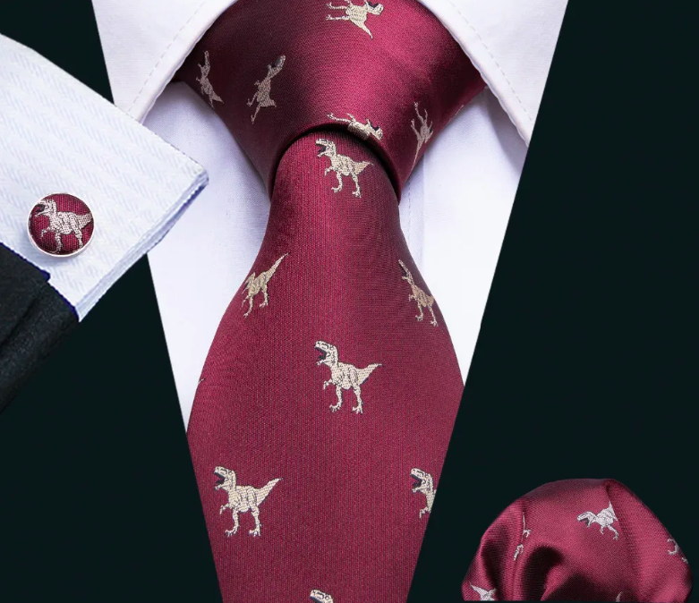 Mens Silk  Dinosaur Tie Handkerchief and Cufflinks Set - Red Blue Green