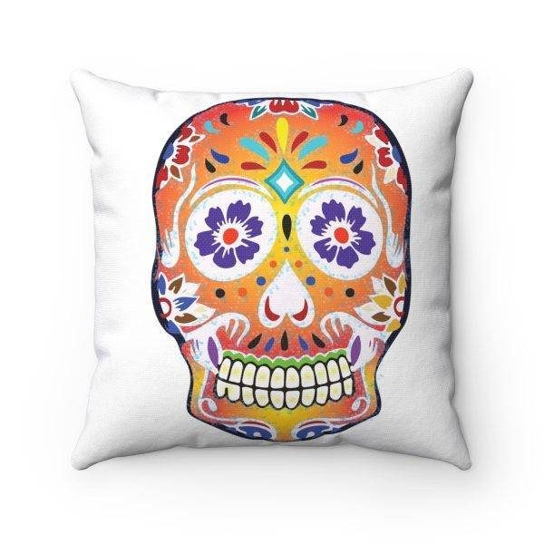 White Fizzy Orange Dios De Muerte Cushion | Sugar Skull Square Feature Pillow