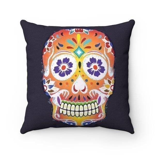 Dark Fizzy Orange Dios De Muerte Cushion | Sugar Skull Square Feature Pillow
