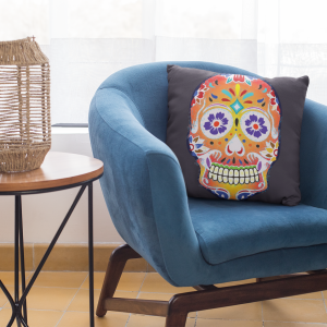 Halloween Day of The Dead Sugar Skull Cushion - Dark Fizzy Orange Dios De Muerte Cushion
