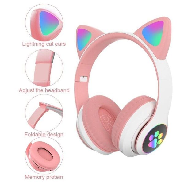 Cute Cat Ears Wireless Headphones With Flash LED & Microphone Hands Free Accepts Memory Card