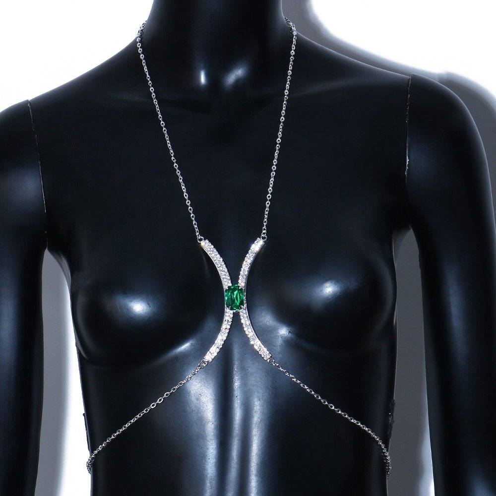 Bling Rhinestone Love Heart Chest Chain Harness Bra Necklace For