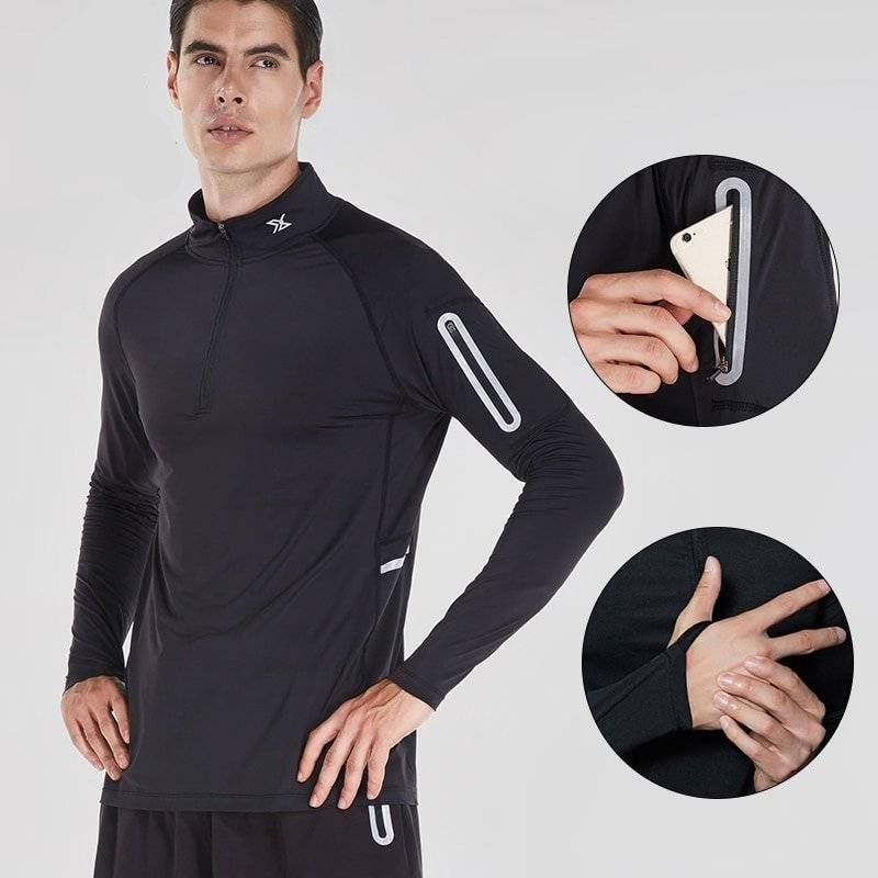 Winter Running Top Shirt Men Unisex Zipper Pullover Mandarin Collar Long Sleeve with Pocket Sports Active Wear for Gym Clothing Workout Shirt Male