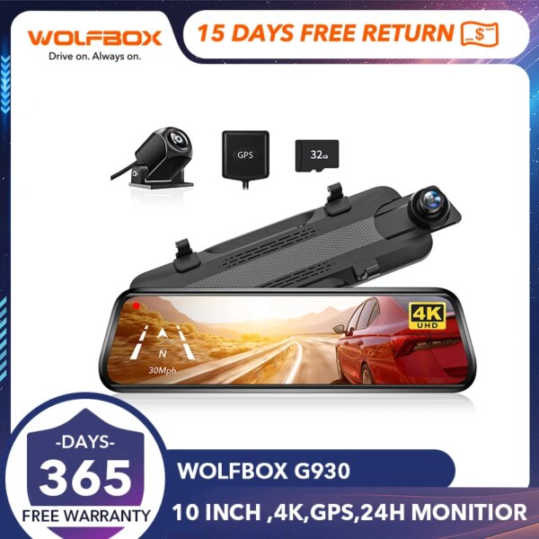 WOLFBOX G930 4K Car DVR Dual Lens Mirror Camera Dash Cam Car Black Box Support GPS 24H Parking View Touch Screen Video Recorder