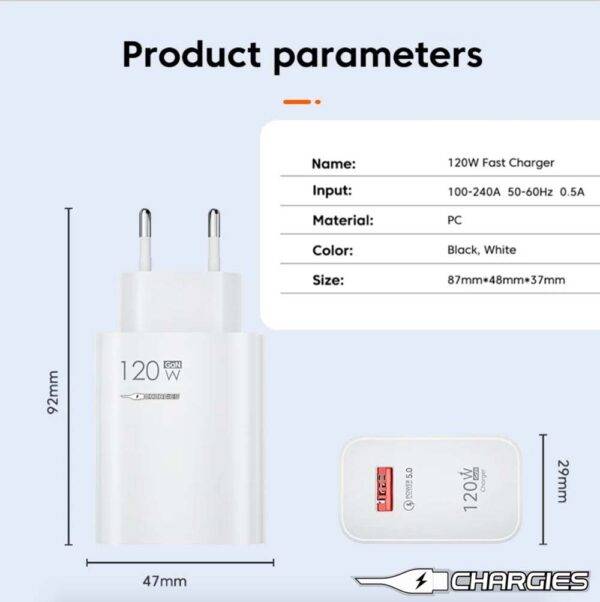 120W USB Charger Fast Charging QC3.0 USB C Type C Cable Wall Phone Charger Adapter For iPhone Huawei Samsung Xiaomi Quick Charge