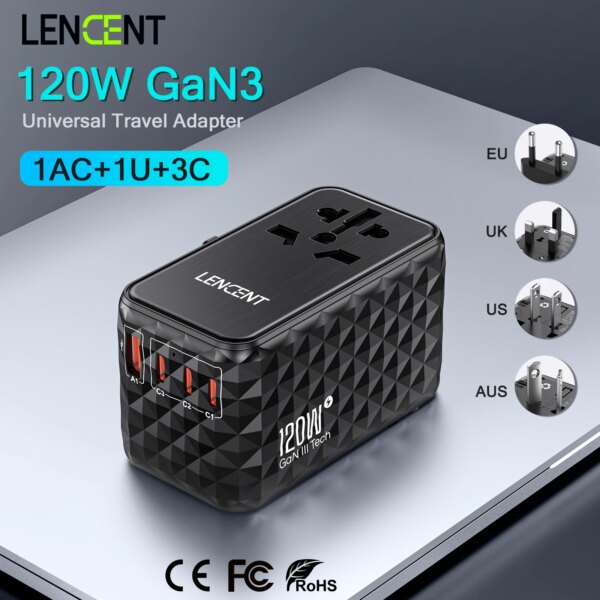 LENCENT 120W GaN Worldwide Travel Adapter with 1 USB-A 3 Type-C  PD3.0 Fast Charging Multiple Devices At Once EU/UK/USA/AUS