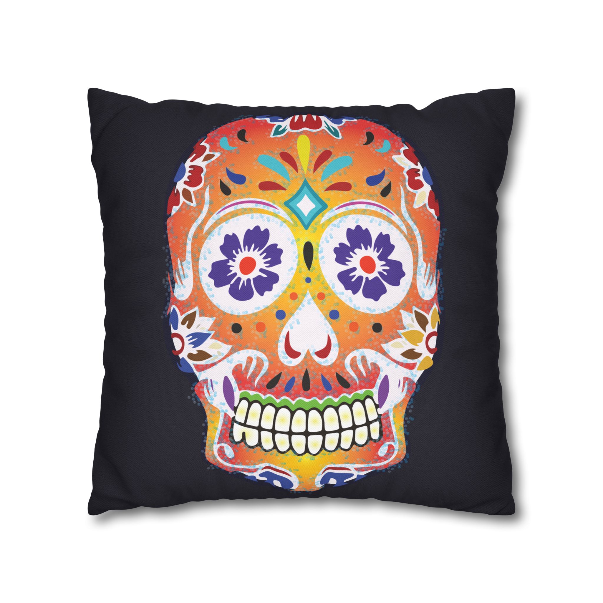 Fizzy Orange Dios De Muerte Cushion | Sugar Skull Square Feature Pillow