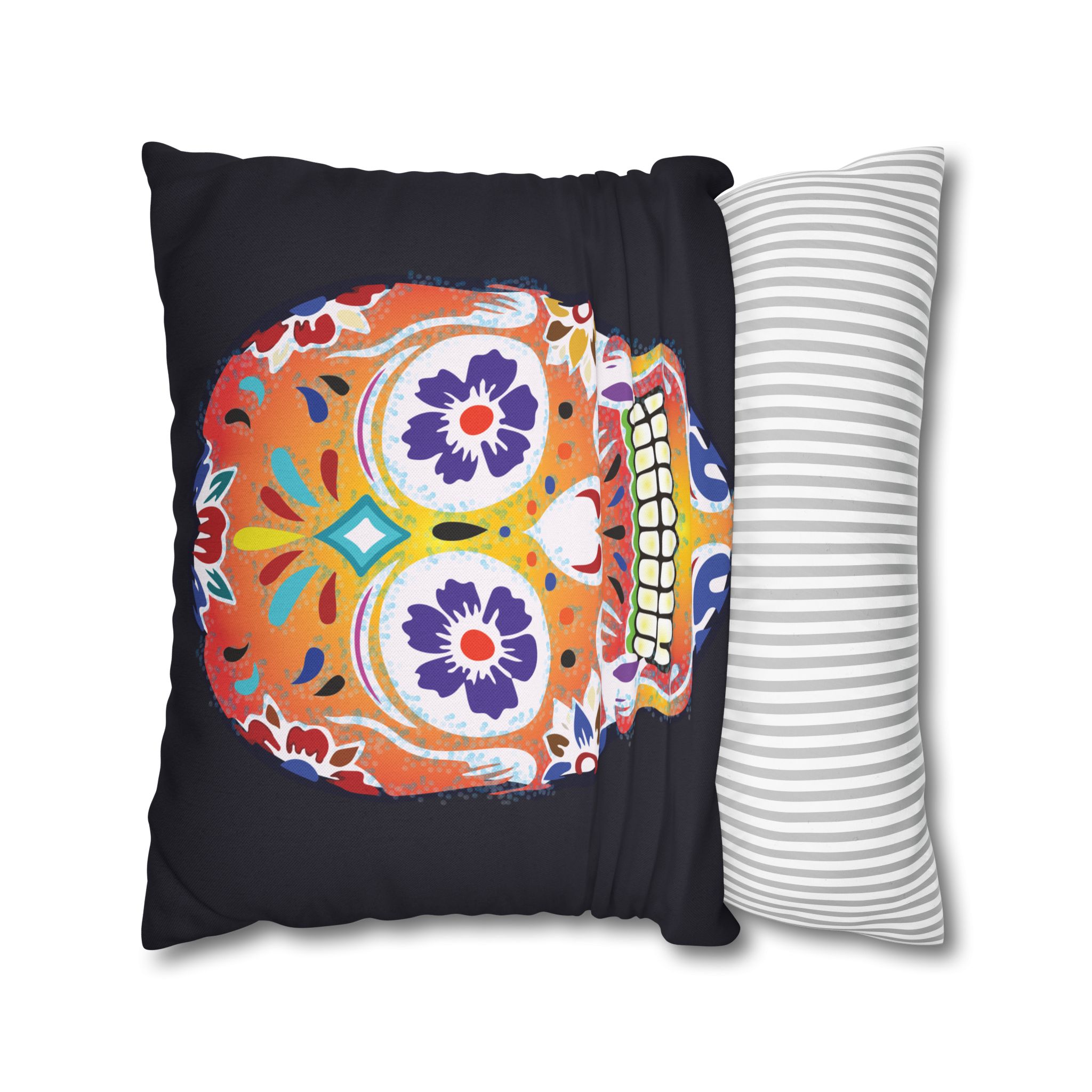 Fizzy Orange Dios De Muerte Cushion | Sugar Skull Square Feature Pillow