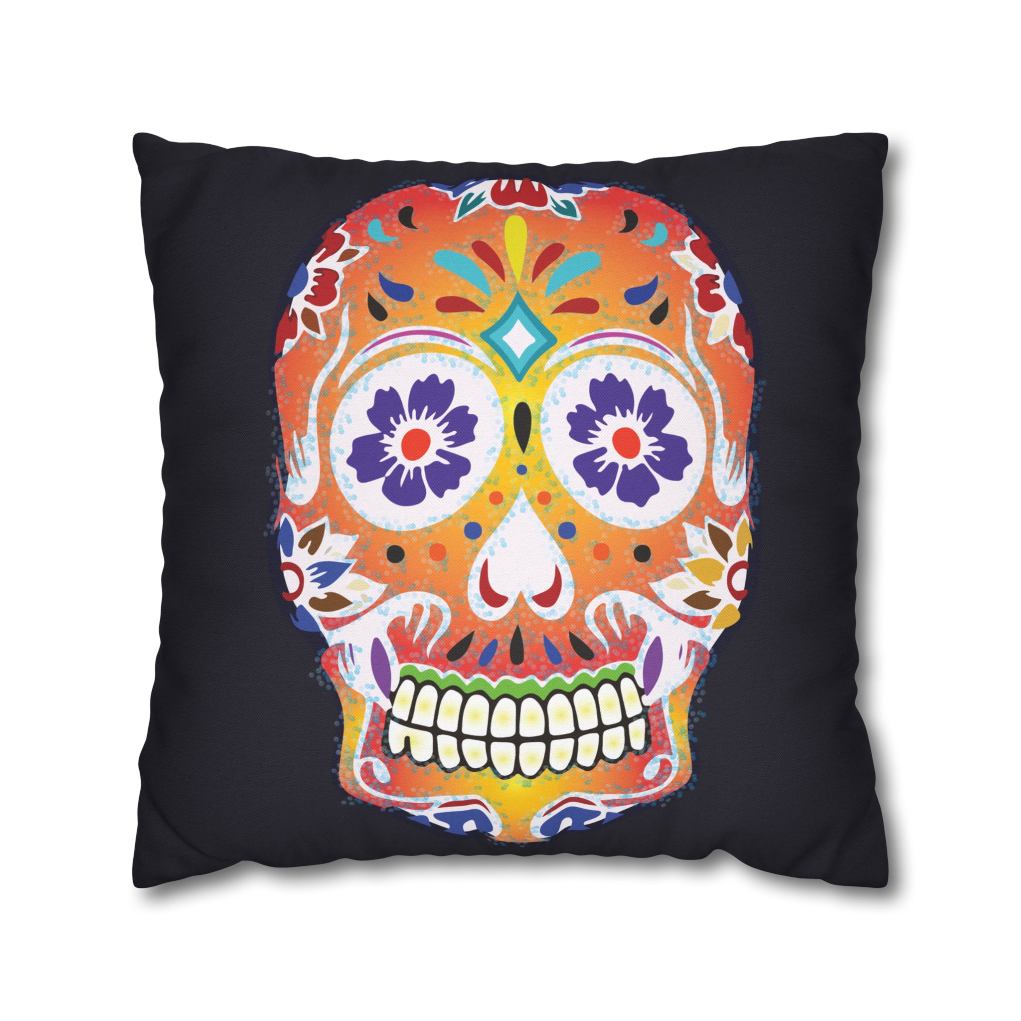 Fizzy Orange Dios De Muerte Cushion | Sugar Skull Square Feature Pillow