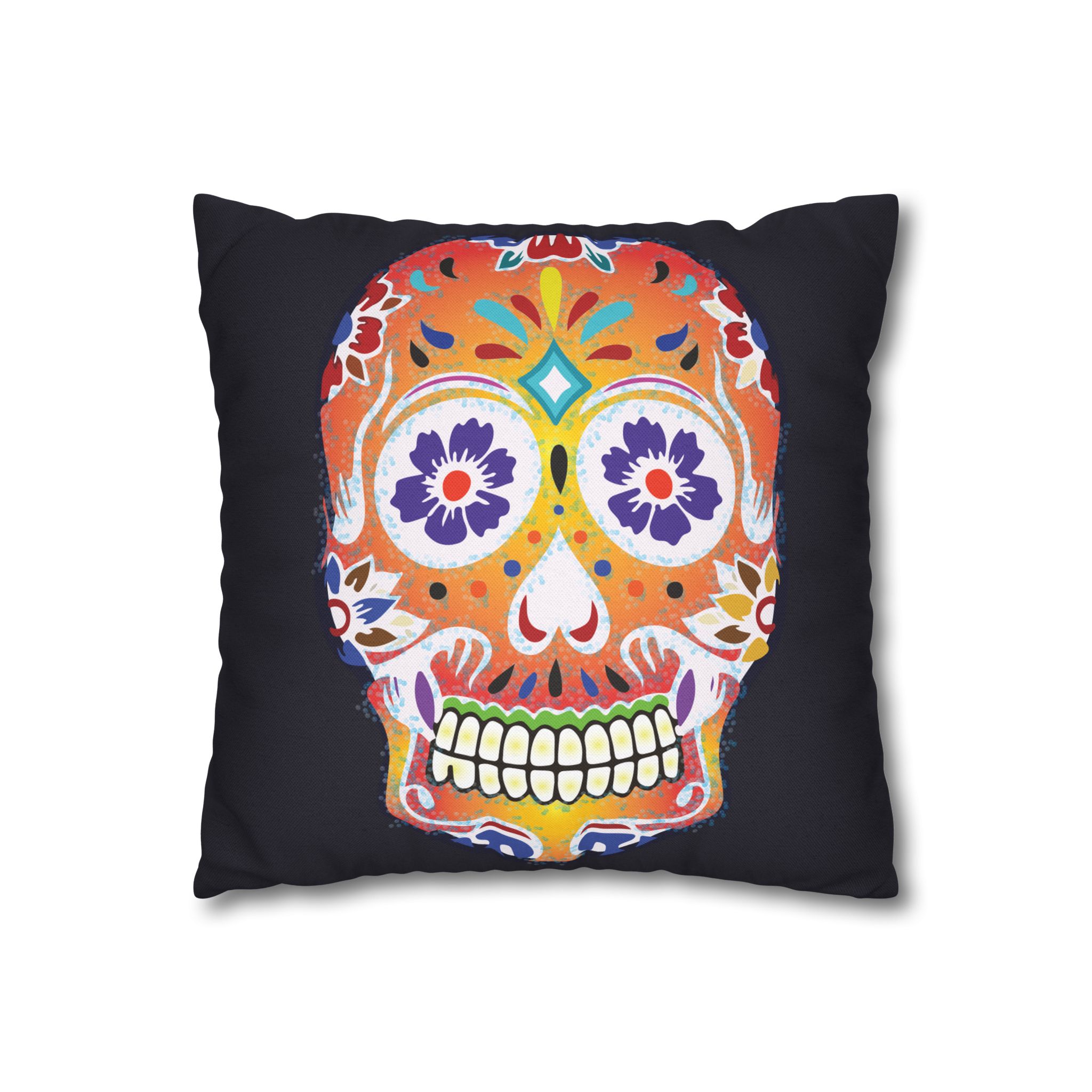Fizzy Orange Dios De Muerte Cushion | Sugar Skull Square Feature Pillow