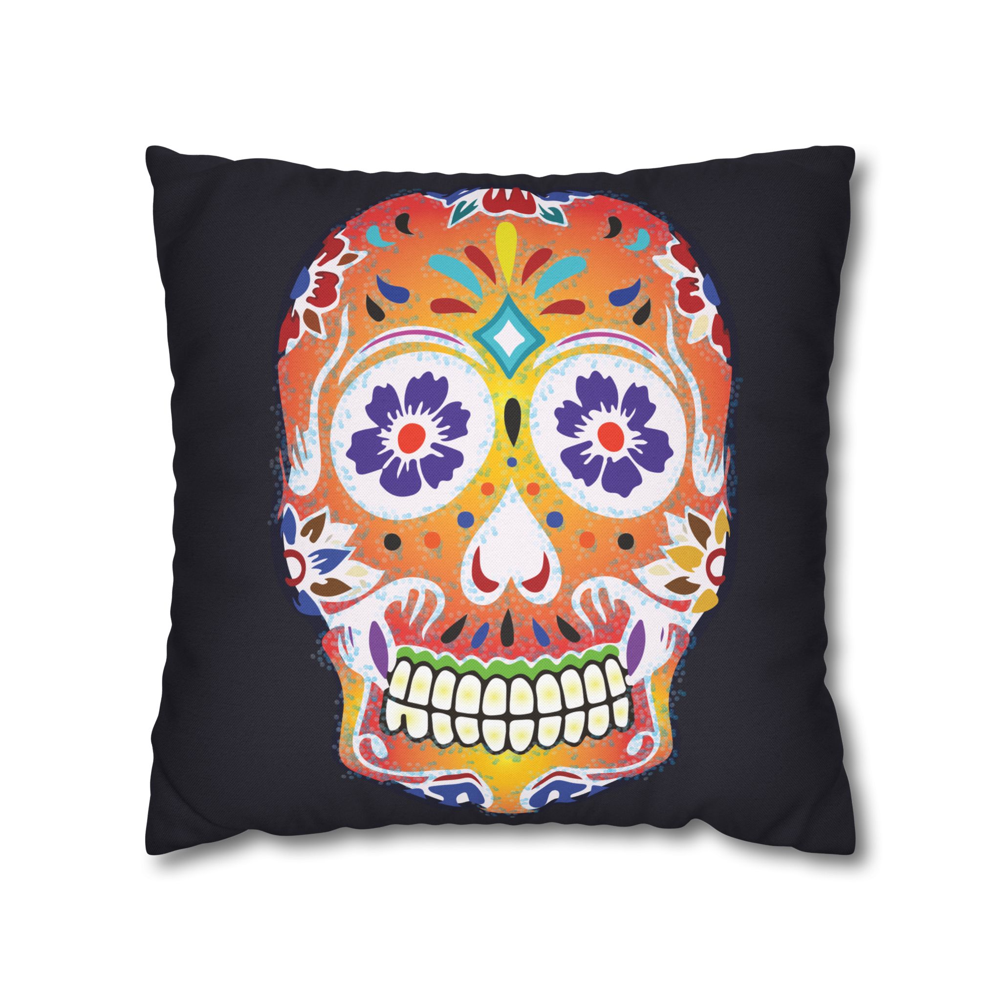Fizzy Orange Dios De Muerte Cushion | Sugar Skull Square Feature Pillow
