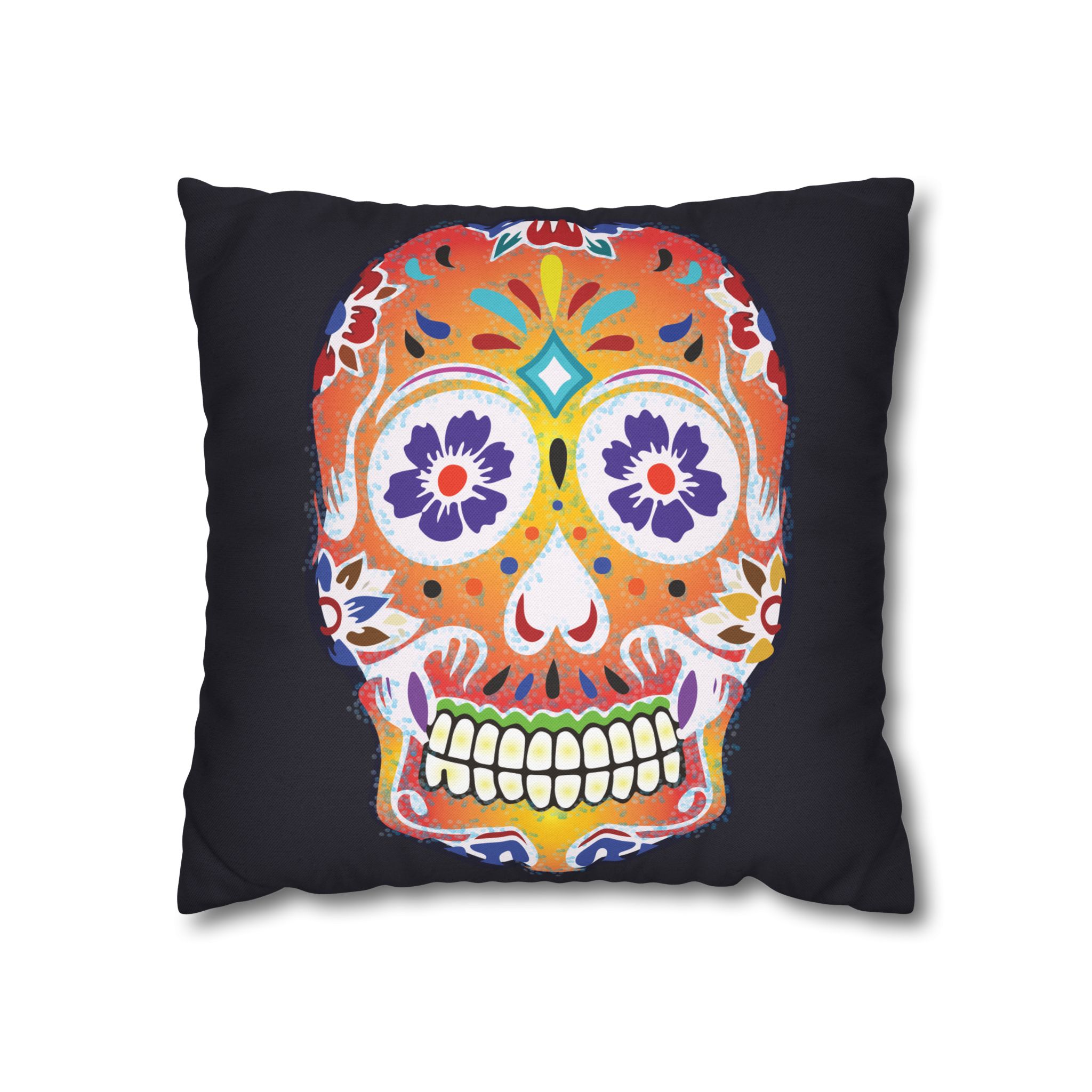 Fizzy Orange Dios De Muerte Cushion | Sugar Skull Square Feature Pillow