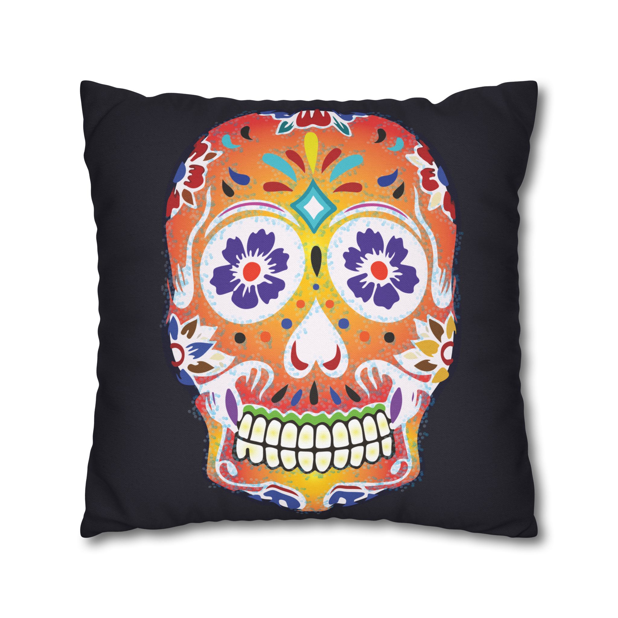 Fizzy Orange Dios De Muerte Cushion | Sugar Skull Square Feature Pillow