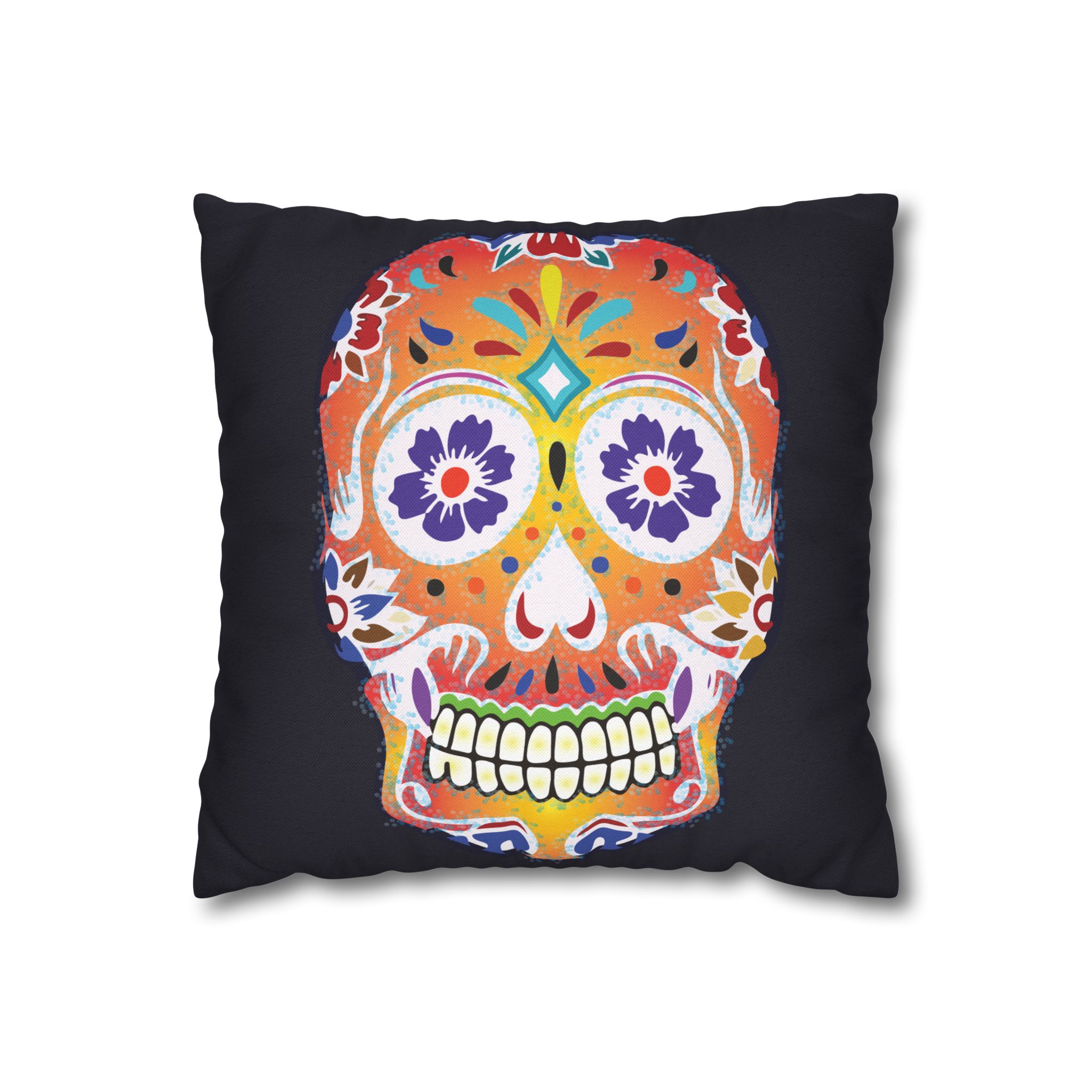 Fizzy Orange Dios De Muerte Cushion | Sugar Skull Square Feature Pillow