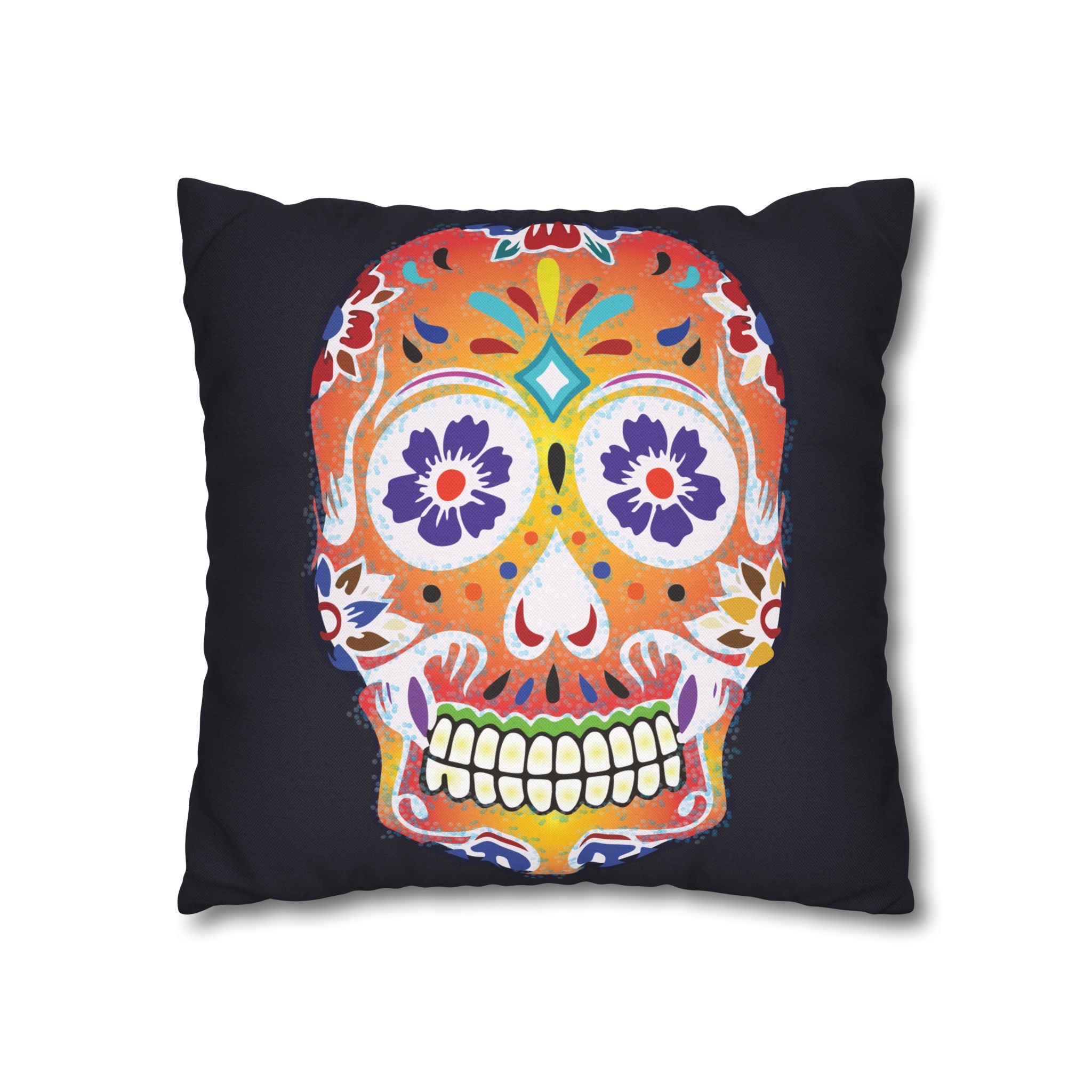 Fizzy Orange Dios De Muerte Cushion | Sugar Skull Square Feature Pillow